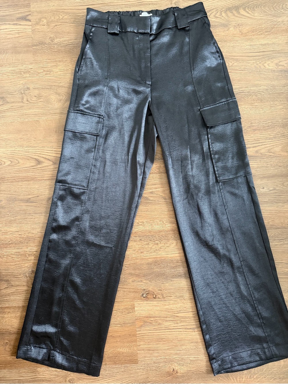 Black Satin Wide Leg Cargo Pants